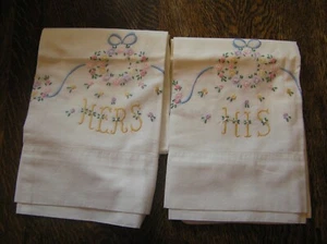 Vintage Hand-Embroidered Set of 2 HIS & HER Pillowcases FLORAL Designs w/ Ribbon - Picture 1 of 5