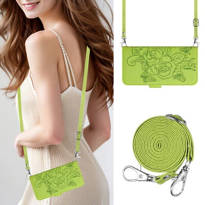 For Various Phone Case Crossbody Leather Emboss Rose Flip Card Wallet Bag Cover - Image 1 of 4