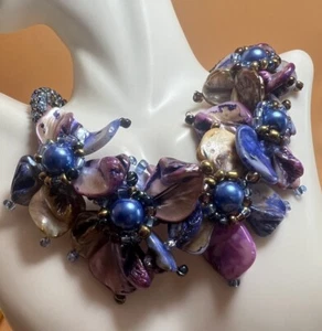 Classic Baroque Freshwater Cultured Pearl Blue Shell Flower Choker Necklace - Picture 1 of 9