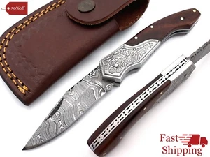 Damascus handmade Folding pocket knife camping Hunting Knife Rosewood with Pouch - Picture 1 of 9