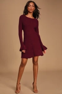 Lulus Favorite Tune Maroon Faux Wrap Sweater Dress Long Sleeve Women’s - Medium - Picture 1 of 10