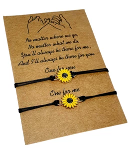 Sunflower Bracelet Friendship Lover Couple Charm Card Wish You Me Promise x 2 - Picture 1 of 24