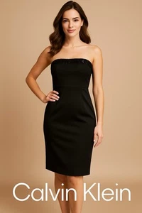 Calvin Klein Black Strapless Dress Satin Size 14 Cocktail Party Sequin Midi - Picture 1 of 6