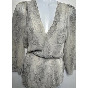 Aritzia Babaton Gray & Cream 100% Silk Surplice Peplum Sheer Blouse Women Small - Picture 1 of 9