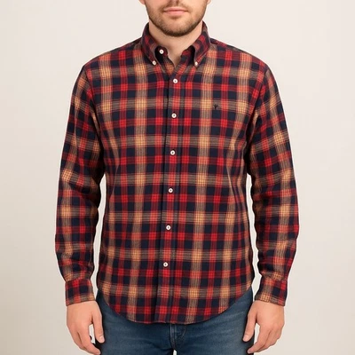 Camisa de franela a cuadros vintage de los 90 Ralph Lauren Blaire para hombre M roja azul marino tostado algodón Foto 1 de 4