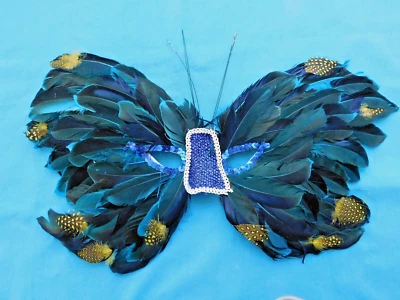 Masquerade Ball Feather Plume Mask Womens Blue Black 13" X 9" Mardi Gras COSTUME - Image 1 of 2