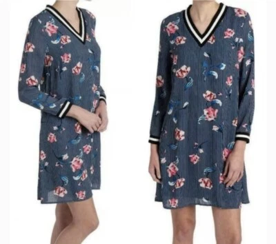 Vestido recto Luxology manga larga a rayas floral cuello en V azul marino forrado floral 14 Foto 1 de 4