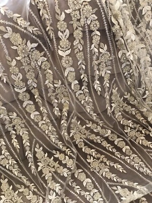 Silver Beaded Bridal Lace Motif Fabric 3D 1m x 1.3m Great For Dance Costumes - image 1 of 4
