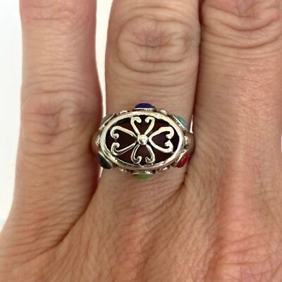 Sterling Silver 925 Oval Scrollwork Bali Multi Gemstone Scrollwork Ring 5.75 - Image 1 of 4