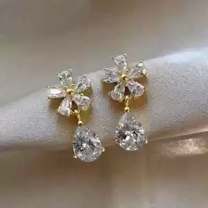 Exquisite Flower & Droplet Shape Shiny Zircon Dangle Earrings Korean Style - Picture 1 of 5