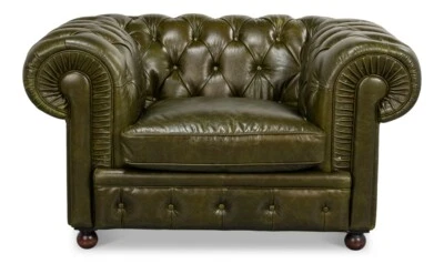 Silla Chesterfield estilo vintage de cuero acolchado verde-51"" de ancho x 29"" de alto Foto 1 de 4