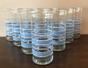 10 Libbey Blue White Sponge Bands Tumblers Vintage Clear Drinking Glasses Lot - Picture 1 of 9