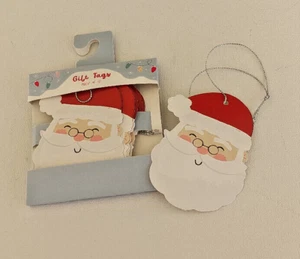 12 GIFT TAGS SANTA HEADS SILVER CORD RED & WHITE CHRISTMAS - Picture 1 of 1