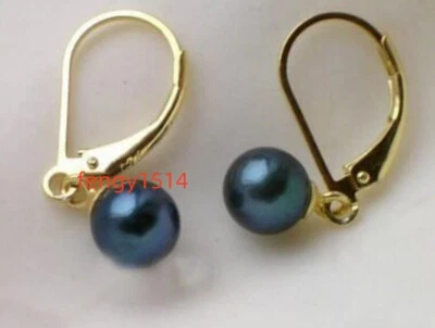 classical AAA 7-8mm natural Tahitian black green ROUND pearl earring 14k  Gold - Image 1 of 4