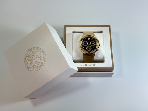 Orologio Uomo Versace VEZ900421 Greca Logo Chrono Acciaio Inox Oro Autentico