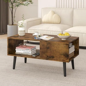 Rustic Coffee Table with Storage Tea Table with Open Shelf Sofa Side Table Cafe - Picture 1 of 6