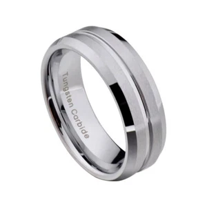 8mm Tungsten Carbide Grooved Center Beveled Edge Satin Top Men Wedding Band - Picture 1 of 12