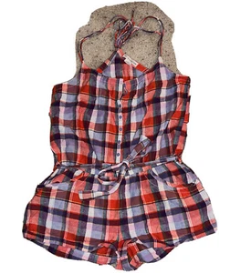 American Eagle AEO Linen Plaid Romper Medium Orange Purple White Pockets - Picture 1 of 9