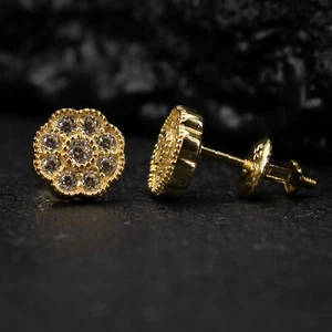Pendientes pequeños de oro amarillo plata esterlina racimo de flores hip hop para hombre - Imagen 1 de 5