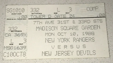 10/10/88 NHL New Jersey Devils New York Ranger Madison Square Garden Ticket Stub Cover