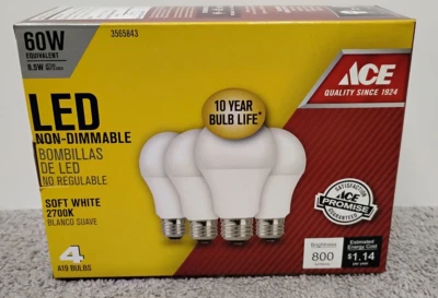 1 Pk NEW  ACE 3565843 A19 BULBS 60 W 800 LUMENS . Non-Dimmable / 4pc per pk. - Image 1 of 4
