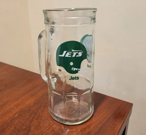NEW YORK JETS  Glass Mug  7"  Double Sided  Old Vintage Helmet Logo Cover