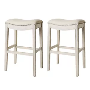 Maven Lane Adrien Saddle Bar Stool in White Oak Finish Natural Fabric Upholstery - Picture 1 of 6