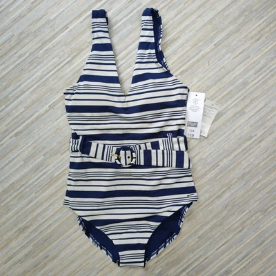 Swimming Costume One Piece Navy Blue & White Stripe F&F 10 Padded Cups Removable - Image 1 of 4