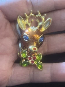 CHRISTOPHER RADKO PIN RHINESTONE REINDEER CHRISTMAS ENAMEL GOLD BROOCH HOLIDAY - Picture 1 of 7