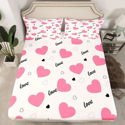 Juego de sábanas ajustables rosa precioso corazón talla doble Sweetheart para niños adolescentes... Foto 1 de 4