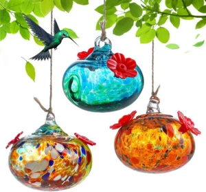 Set 3 Small Blown Glass Hummingbird Feeders for Outdoors Hanging with 2 Flowe... - Picture 1 of 1