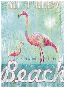 Handmade Vintage Flamingo at the Beach 8x10 Cotton Craft Fabric Block - Picture 1 of 1