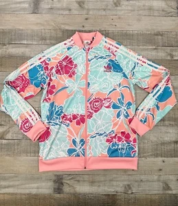 Adidas Jacket Youth Girls Extra Large Blue Pink Floral Three Stripes Trefoil Zip - Picture 1 of 13
