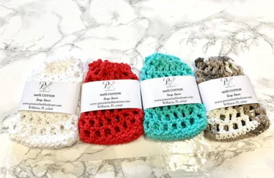 Ahorrador de jabón de ganchillo hecho a mano bolsa de jabón de algodón soporte de jabón jabón en una cuerda Foto 1 de 4