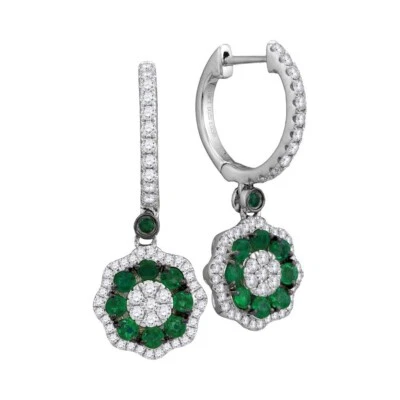 Natural Emerald & Diamond Flower Cluster Dangle Earrings 18k White Gold 1.12Cttw - Image 1 of 2