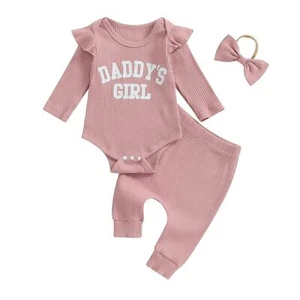 Newborn Baby Girl Outfits Daddys Girls Ruffle Long Sleeve Romper Top Pants He... - Picture 1 of 7