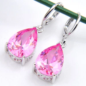 Water Drop Style Natural Pink Fire Topaz Gemstone Silver Danlge Hook Earrings - Picture 1 of 7