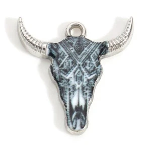 10 Kuhschädel Form Silberton Charm Anhänger mit schwarz & weiß Emaille Detail - Bild 1 von 1