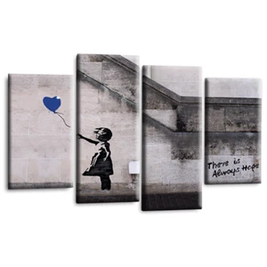 Banksy Wall Art Print Blue Grey Balloon Girl Split Canvas Picture Framed Large - Picture 1 of 6