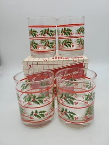 J Byrons Set of 4 Double On-The-Rocks Glasses Trimmed in Holly Tumblers NOS VTG - Picture 1 of 10