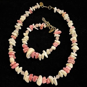 Miriam Haskell Beach MOP Rose Quartz Pink Rhodochrosite Necklace Bracelet Set - Picture 1 of 2