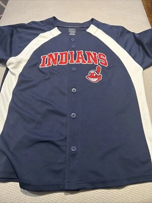 MLB Cleveland Indians Blue Baseball Jersey Size Large Boys 14/16 Chief Wahoo - Image 1 of 4