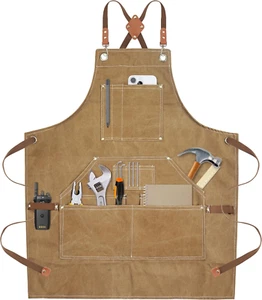 Yxiang Khaki Handmade Work Apron with 11 Tool Pockets, Heavy Duty Waxed Canvas W - Picture 1 of 12