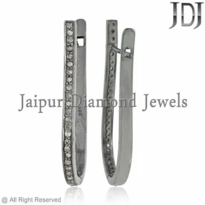 Natural Pave Diamond 925 Solid Silver Beautiful Hoop Earrings Handmade Jewelry - Picture 1 of 4