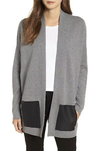 NWT $498  EILEEN FISHER Cashmere & Wool Cardigan with Leather Pockets Sz L