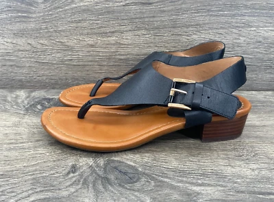 Tommy Hilfiger Leather Strapback Block Heels Thong Sandals Women's Size 7 Black - Image 1 of 4