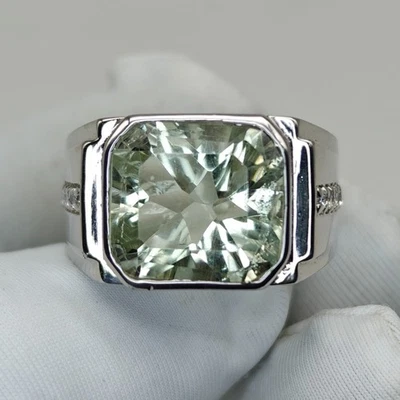 Natural Green Amethyst Men's Ring in 925 Sterling Silver, Cushion Faceted 12 mm. - Image 1 of 4