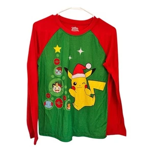 Pokémon Pikachu Red Green Christmas Long Sleeve Pajama Top Kids Sz 14/16 - Picture 1 of 7
