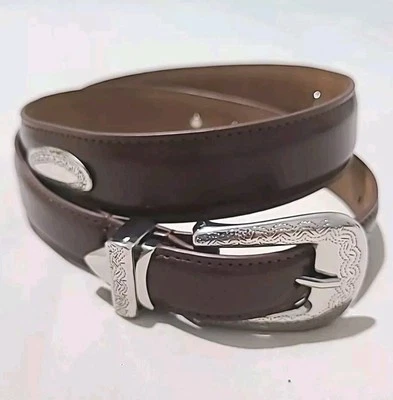 Cinturón Vaquera Occidental Vintage Para Mujer Cuero Genuino Marrón y Plateado Talla 34 Foto 1 de 4