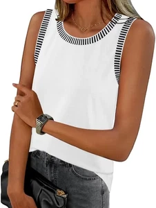NWT Merokeety Striped Trim Navy & White Sleeveless Top Size Large - Picture 1 of 6